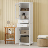 High bathroom storage cabinet with glass door, freestanding, two drawers and adjustable shelves, MDF board, painted white - V.I.P Digital Presence