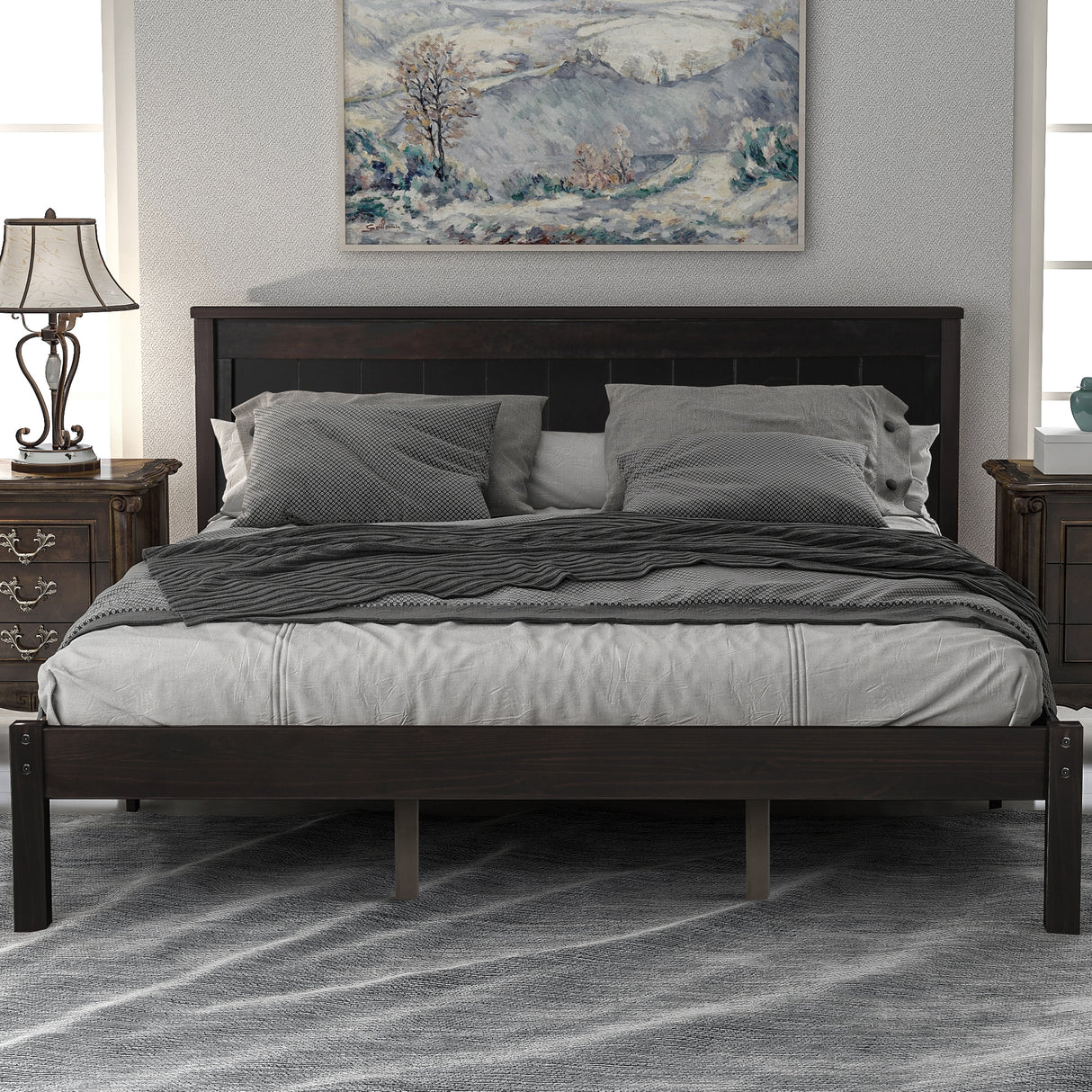 Platform Bed Frame with Headboard, Wood Slat Support  No Box Spring Needed  Queen Espresso