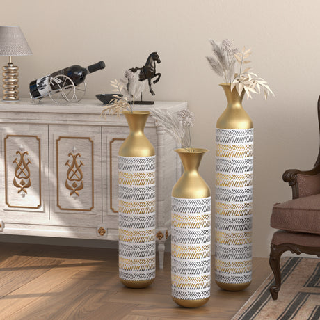 High floor vases -24/28.7/33.5-inch vases, 3 large metal glazed vases, Pampas Prairie Twigs vintage gray - V.I.P Digital Presence