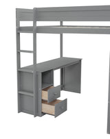 Wood Full Size Loft Bed with Wardrobes and 2-Drawer Desk with Cabinet  Gray