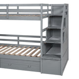 Twin over Twin Bunk Bed with Storage Staircase, Slide and Drawers, Desk with Drawers and Shelves  Gray