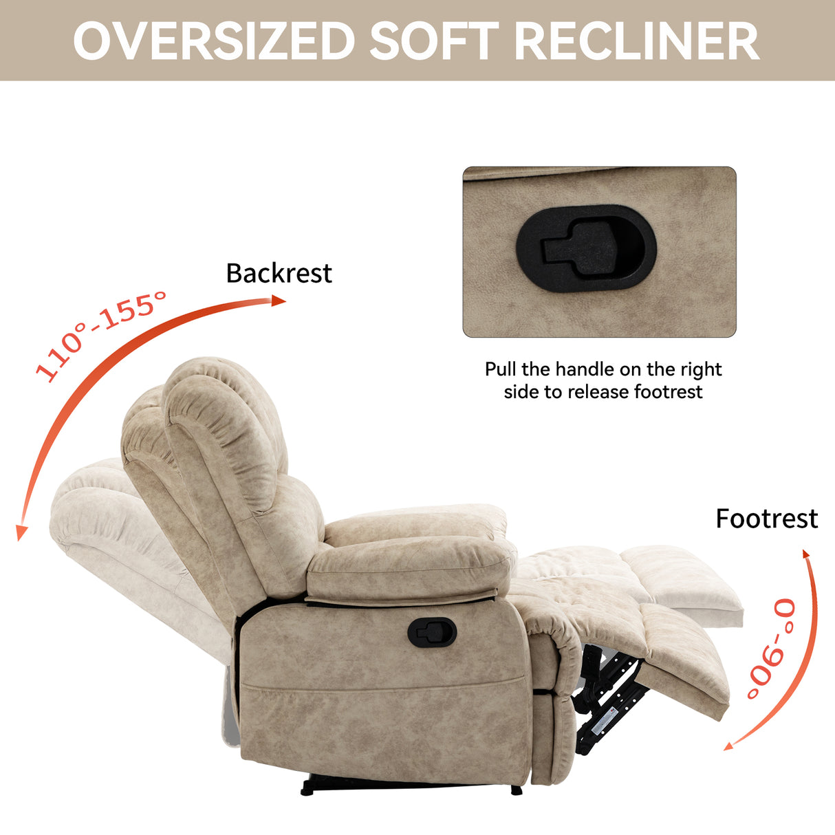 Large Manual Recliner Chair in Fabric for Living Room, Beige - V.I.P Digital Presence