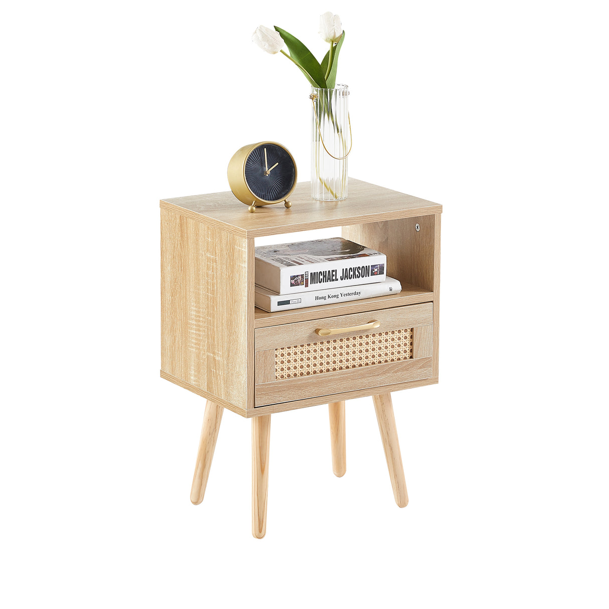 15.75" Rattan End table with drawer and solid wood legs Modern nightstand side table for living room natural - V.I.P Digital Presence