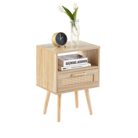15.75" Rattan End table with drawer and solid wood legs Modern nightstand side table for living room natural - V.I.P Digital Presence