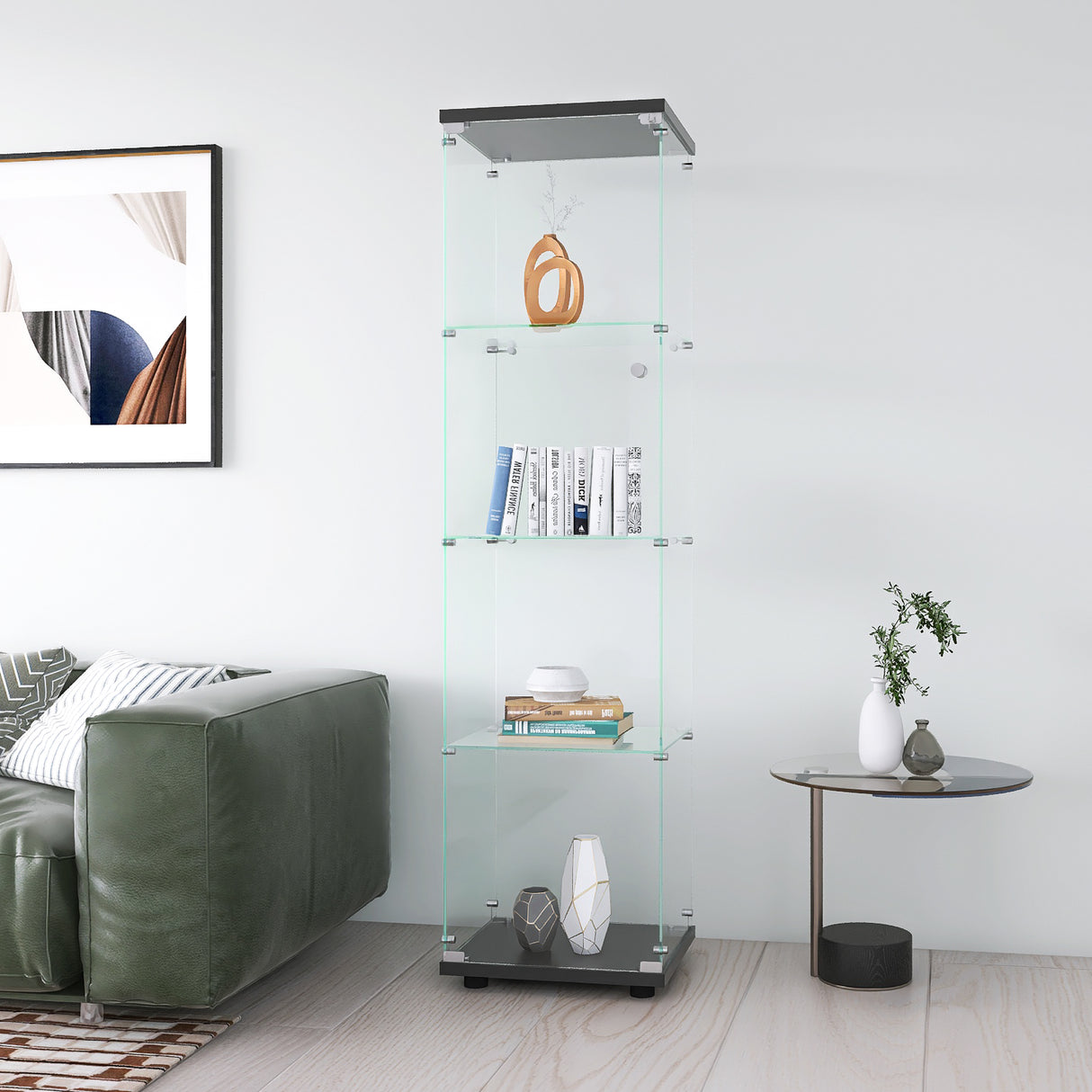 4 glass display cabinets with door shelves, floor standing antique bookshelf, 64.7 "* 16.7" * 14.3 ", black - V.I.P Digital Presence