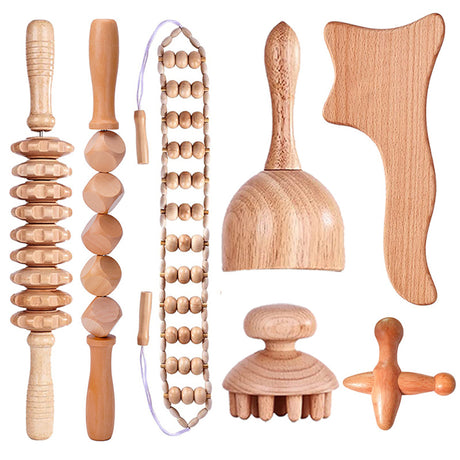 Beech wood therapy scraping cup, meridian dredging roller, tendon rolling stick, scraping board, head massager, massage set - V.I.P Digital Presence