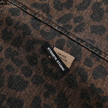 Leopard Print Denim Jacket   Style Men's Punk Spring and Autumn Loose Casual Washed Open Front Zipper Collar Outerwear - V.I.P Digital Presence