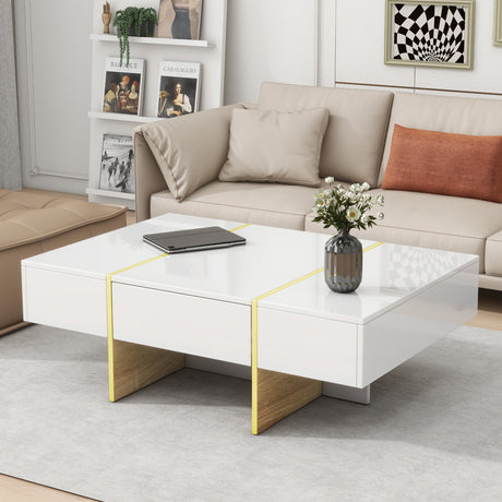 ON-TRANS 47.2 inch x 31.4 inch multifunctional rectangular sofa table with 2 drawers and gold wood grain leg center table, white - V.I.P Digital Presence