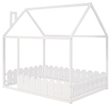(Slats are not included) Full Size Wood Bed House Bed Frame with Fence for Kids Teens Girls Boys (White ) - V.I.P Digital Presence