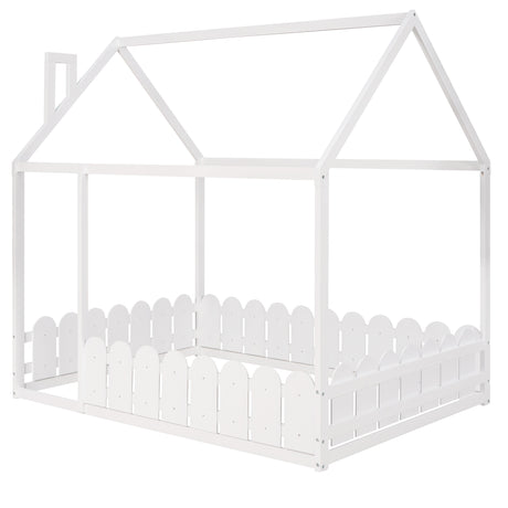 (Slats are not included) Full Size Wood Bed House Bed Frame with Fence for Kids Teens Girls Boys (White ) - V.I.P Digital Presence