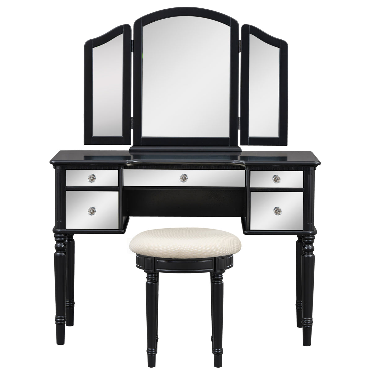 GO 43" Dressing Table Set with Mirrored Drawers and Stool, Tri-fold Mirror, Makeup Vanity Set for Bedroom, Black - V.I.P Digital Presence