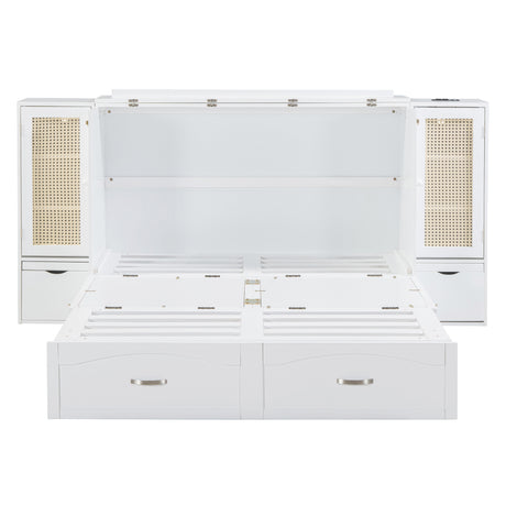 Large Murphy bed wall mounted bed with drawers, 2 storage cabinets, 1 set of sockets and USB ports, white - V.I.P Digital Presence