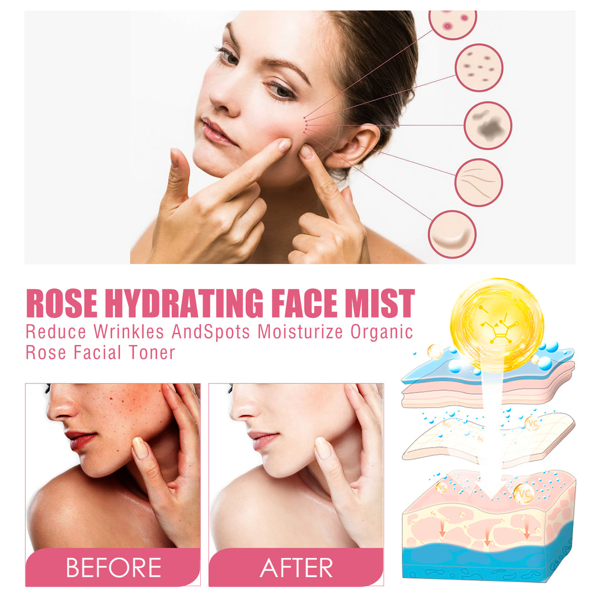 Rose Face Toner, Hydrating Refreshing Oil Control Fade Spots Toner