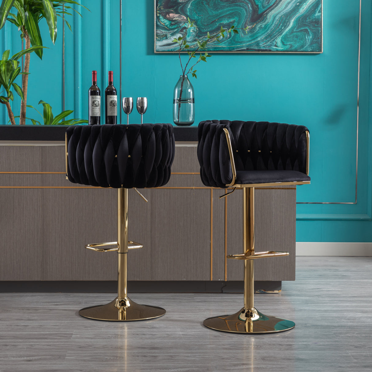 Set of 2 Bar Stools with Chrome Footrest and Base Swivel Height  Velvet + Golden Leg Simple Bar Stool-Black