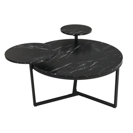 Modern coffee table with two display shelves, Black Faux marble surfaces, Tripod-inspired base,Rounded tabletop edges - V.I.P Digital Presence