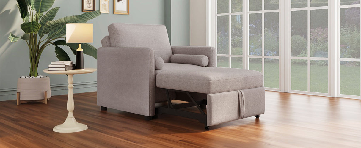 3 in 1 Convertible Sleeper Chair with Adjustable Backrest, Lounger Chair Turns Into Bed, Single Bed for Living Room, Linen, Tan - V.I.P Digital Presence