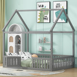 Full Size Wood House Bed with Fence and Door, Gray - V.I.P Digital Presence