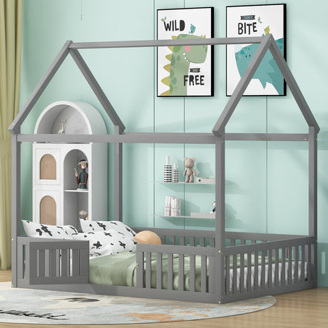 Full Size Wood House Bed with Fence and Door, Gray - V.I.P Digital Presence