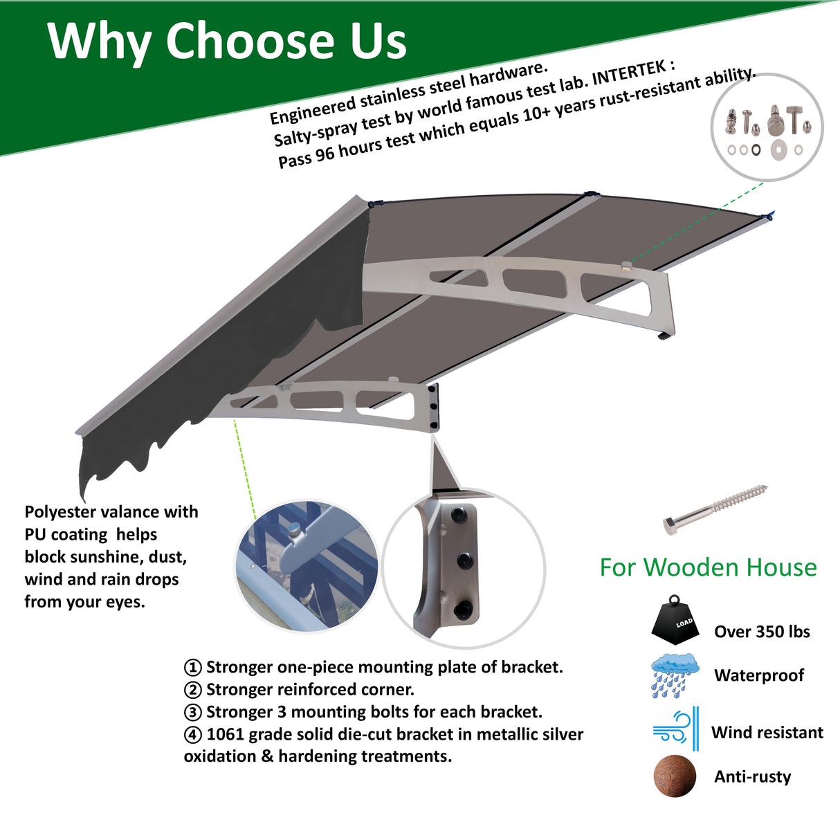 DA5934W Series Door Window Awning Canopy Made of 0.137 Inch Thick Crystal Solid Polycarbonate Sheet in size of 59" Wide x 34" - V.I.P Digital Presence