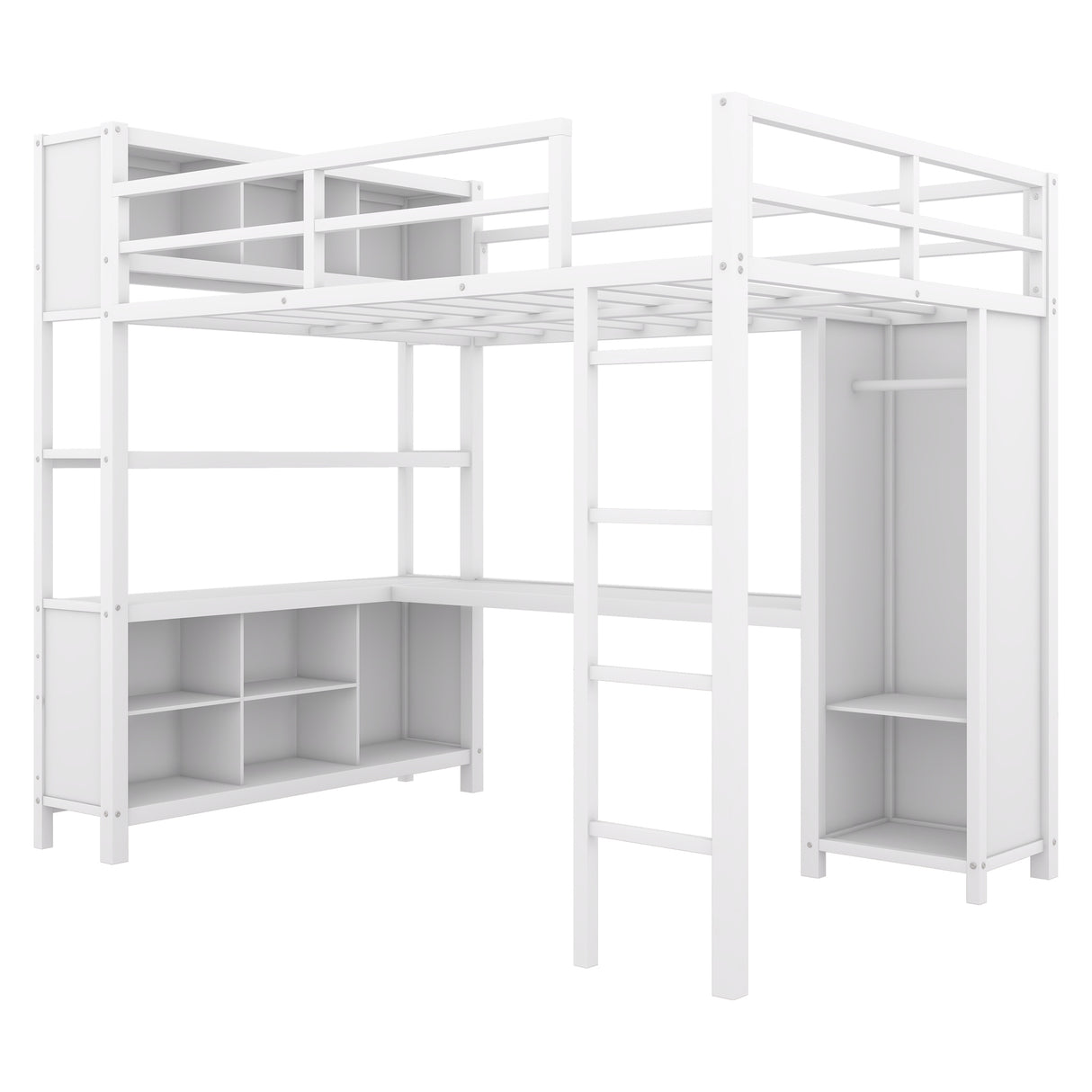 Metal loft bed with wardrobe and L-shaped desk, full-size loft bed with storage cabinet and shelf, white - V.I.P Digital Presence