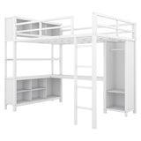 Metal loft bed with wardrobe and L-shaped desk, full-size loft bed with storage cabinet and shelf, white - V.I.P Digital Presence