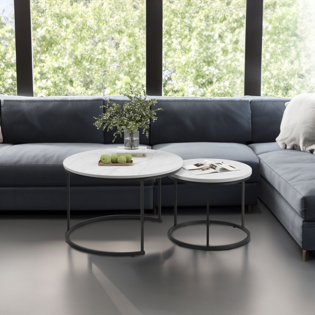 A set of nested 27.6-inch circular coffee tables with a wooden marble patterned tabletop and a sturdy metal frame (white) - V.I.P Digital Presence