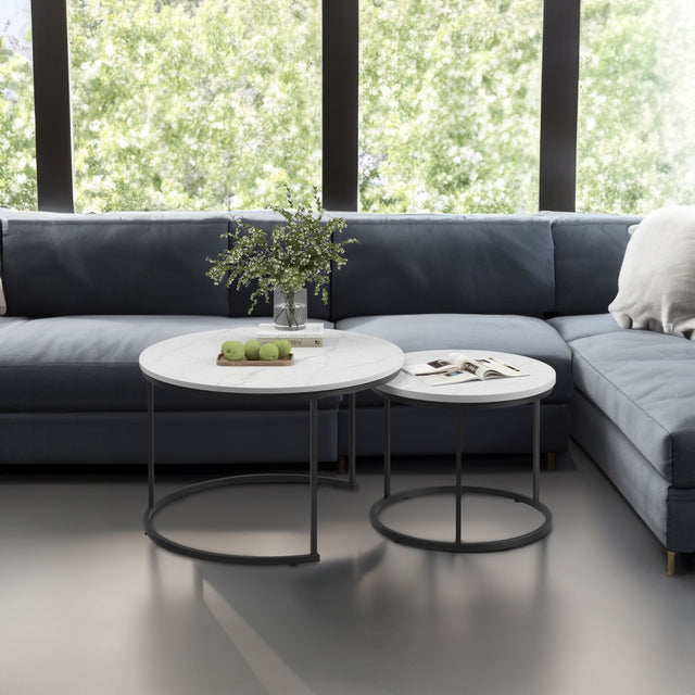 A set of nested 27.6-inch circular coffee tables with a wooden marble patterned tabletop and a sturdy metal frame (white) - V.I.P Digital Presence