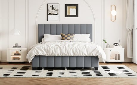 Queen Size Velvet Upholstered Platform Bed with 2 Drawers and 1 Twin XL Trundle- Gray - V.I.P Digital Presence