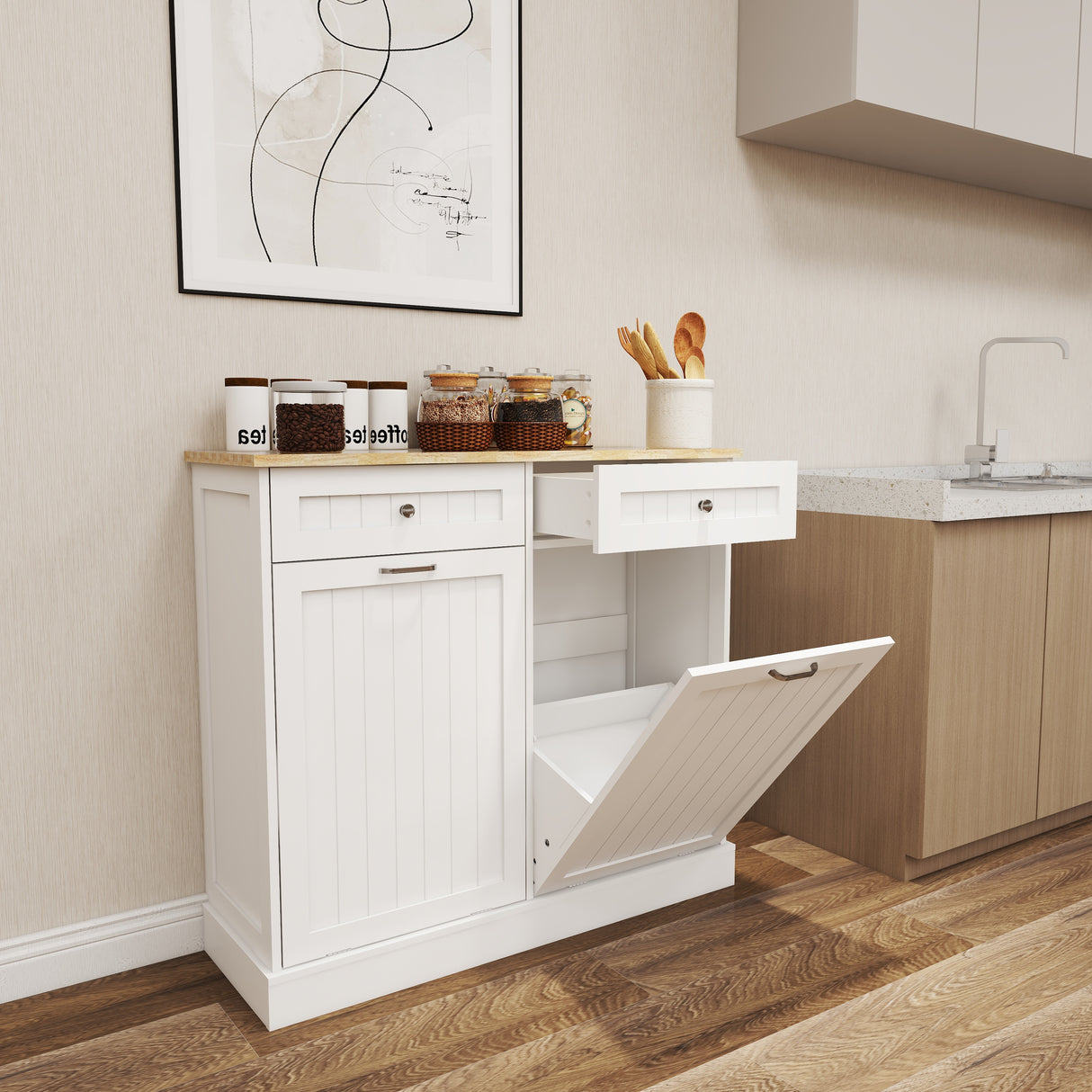 Two Drawers and Two-Compartment Tilt-Out Trash Cabinet Kitchen Trash Cabinet-White - V.I.P Digital Presence