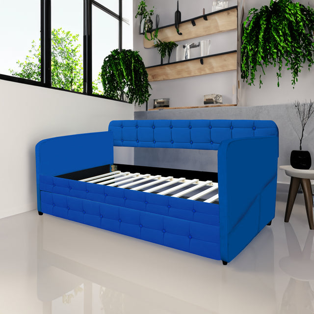Blue padded twin beds with wheels, velvet fabric, no need for springs - V.I.P Digital Presence