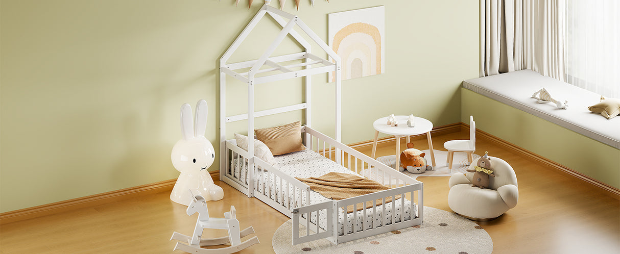 Wooden Twin Size Children's Bed with Detachable Headboard and Integrated Clothes Drying Rack, White - V.I.P Digital Presence