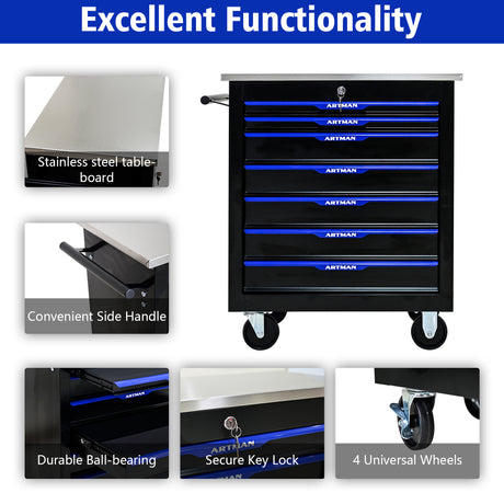 7 DRAWERS MULTIFUNCTIONAL TOOL CART WITH WHEELS-BLACK+BLUE - V.I.P Digital Presence