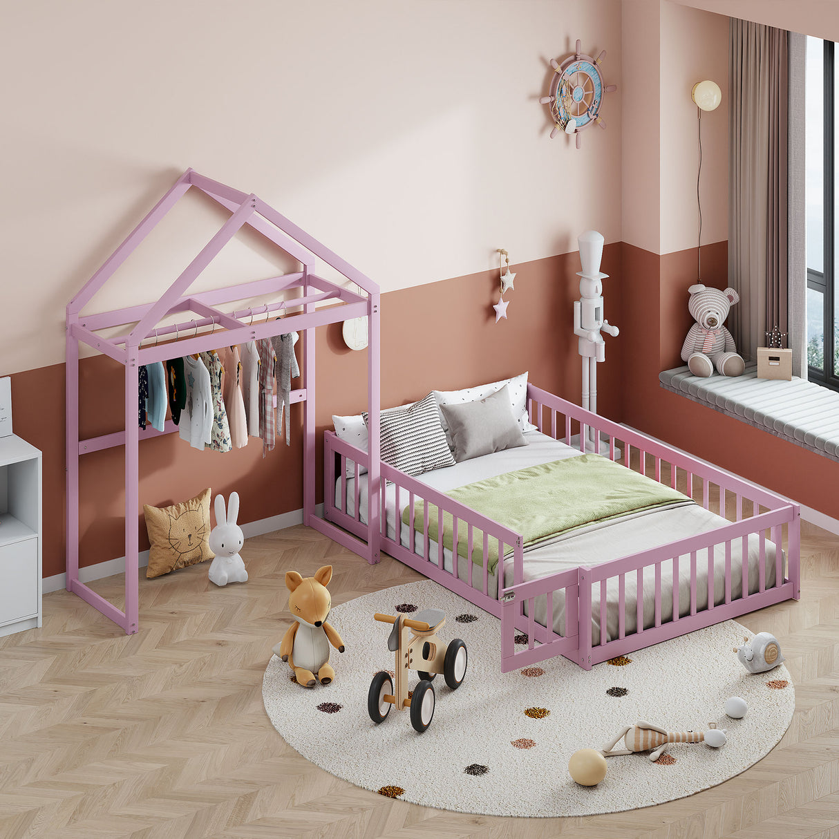Wooden Full Size Children's Bed with Detachable Headboard and Integrated Clothes Drying Rack, Pink - V.I.P Digital Presence