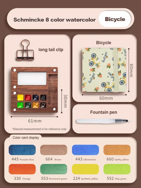 Mini watercolor paint box and small notebook Mingke 8-color wooden box mini drawing board solid watercolor painting - V.I.P Digital Presence