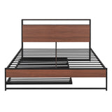 Queen Size Metal Platform Bed Frame with Trundle, USB Ports and Slat Support ,No Box Spring Needed Black - V.I.P Digital Presence