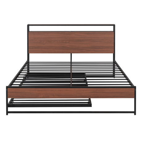Queen Size Metal Platform Bed Frame with Trundle, USB Ports and Slat Support ,No Box Spring Needed Black - V.I.P Digital Presence