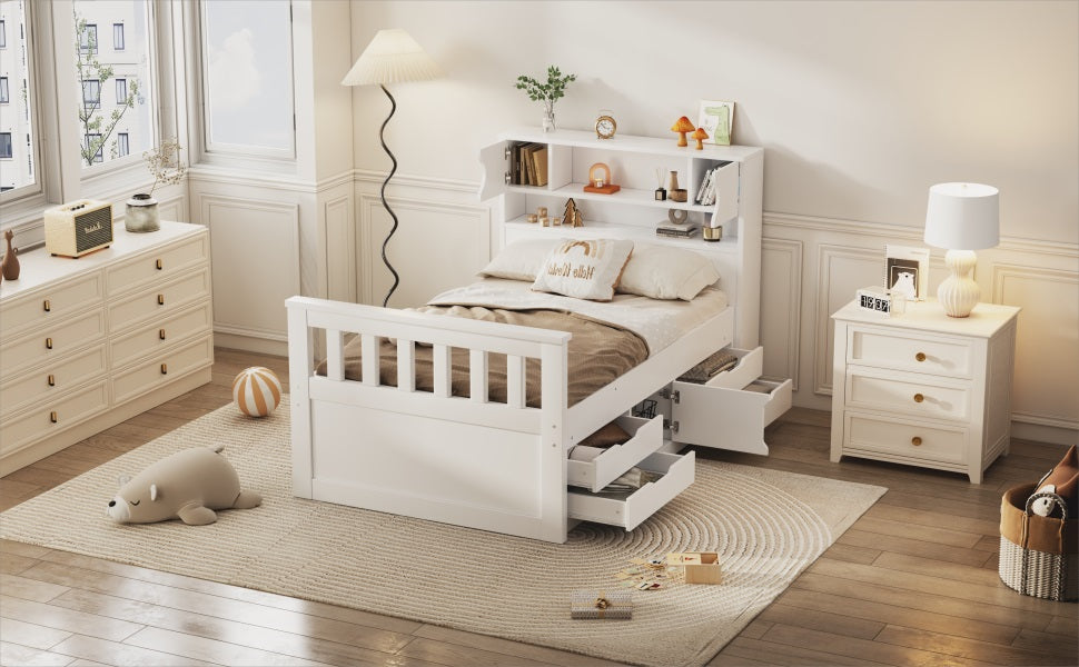 Twin Size Captain Platform Bed Frame with Storage Bookcases and Shelves,Four Drawers,White - V.I.P Digital Presence