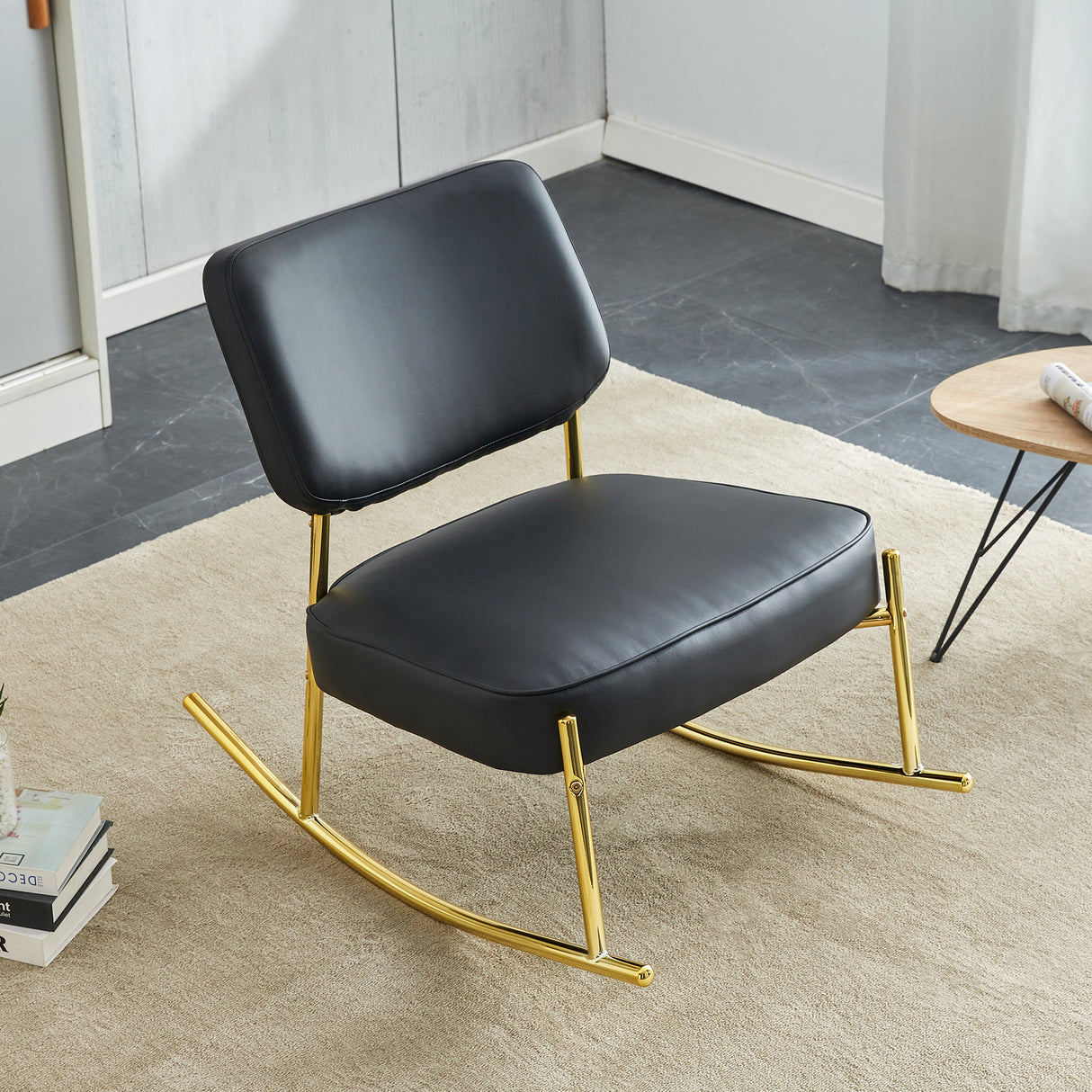 PU material cushioned rocking chair unique rocking chair cushioned seat black backrest rocking chair and gold metal legs