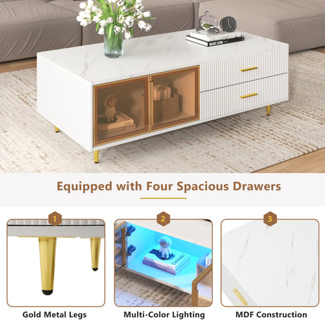 Modern White Coffee Table with 2 Glass Door Storage, 4 Drawers, Gold Metal Legs, and Multi-Color Lighting in 47.2' - V.I.P Digital Presence