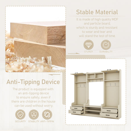 Four in one detachable hall tree with drawers and cabinets, 7 hooks, multifunctional corridor hangers, antique beige shoe stools - V.I.P Digital Presence