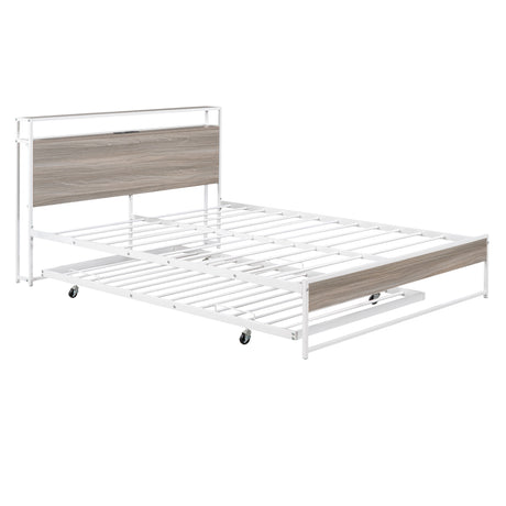 Queen Size Metal Platform Bed Frame with Trundle, USB Ports and Slat Support ,No Box Spring Needed White - V.I.P Digital Presence