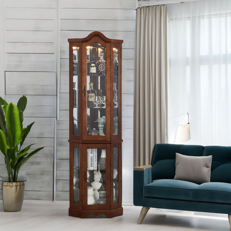 Corner Curio cabinet, adjustable tempered glass frame, rearview mirror, display cabinet, walnut wood (excluding E26 bulbs) - V.I.P Digital Presence