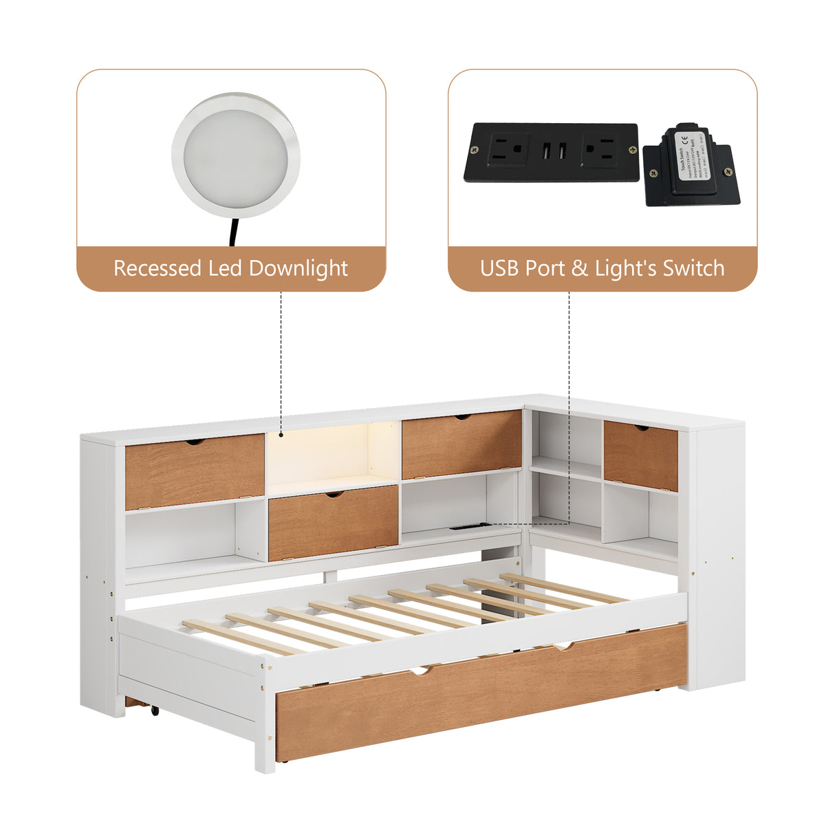 L-shaped bed frame with luggage and bookshelf, corner bed wooden captain's bed LED tube light and USB port walnut and white - V.I.P Digital Presence