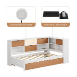 L-shaped bed frame with luggage and bookshelf, corner bed wooden captain's bed LED tube light and USB port walnut and white - V.I.P Digital Presence