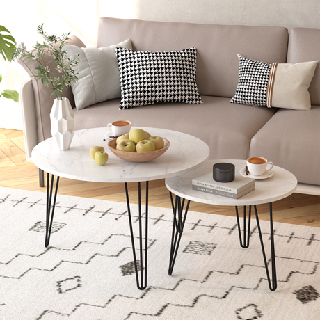 27.56'' Round Nesting Coffee Table Set of 2, Circular Nesting End Table Set Sturdy Metal Base for Living Room, bedroom, White - V.I.P Digital Presence