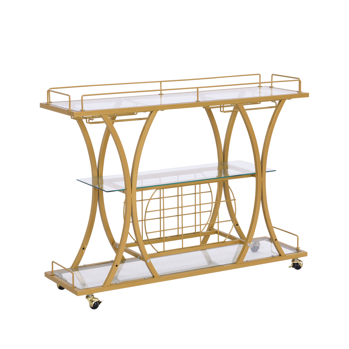 Golden Bar Cart with Wine Rack Tempered Glass Metal Frame Wine Storage - V.I.P Digital Presence
