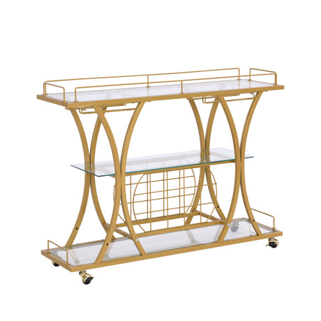 Golden Bar Cart with Wine Rack Tempered Glass Metal Frame Wine Storage - V.I.P Digital Presence