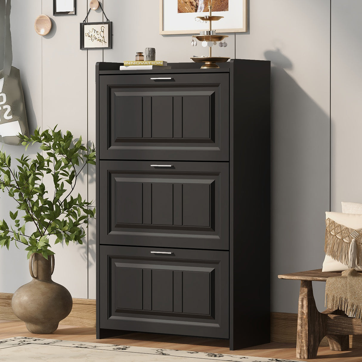 U-Can Shoe Storage Cabinet for Entryway with 3 Flip Drawers, Modern Shoe Organizer Cabinet, Free Standing Shoe Rack Black - V.I.P Digital Presence