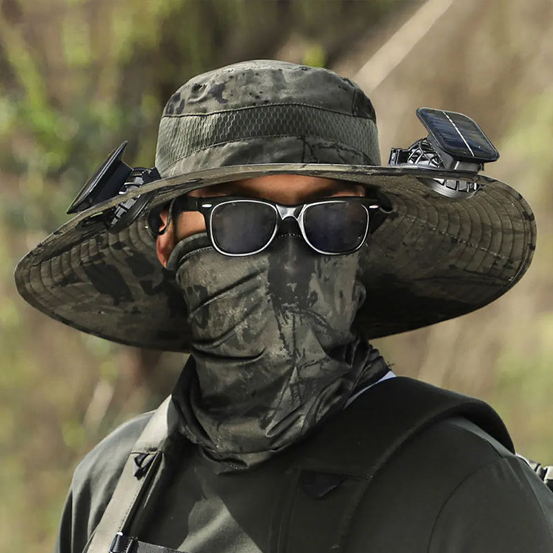 Solar fan hat: wide - brim bucket hat with 2 solar fans, men’s summer cap for outdoor fishing, camping, hiking. - V.I.P Digital Presence