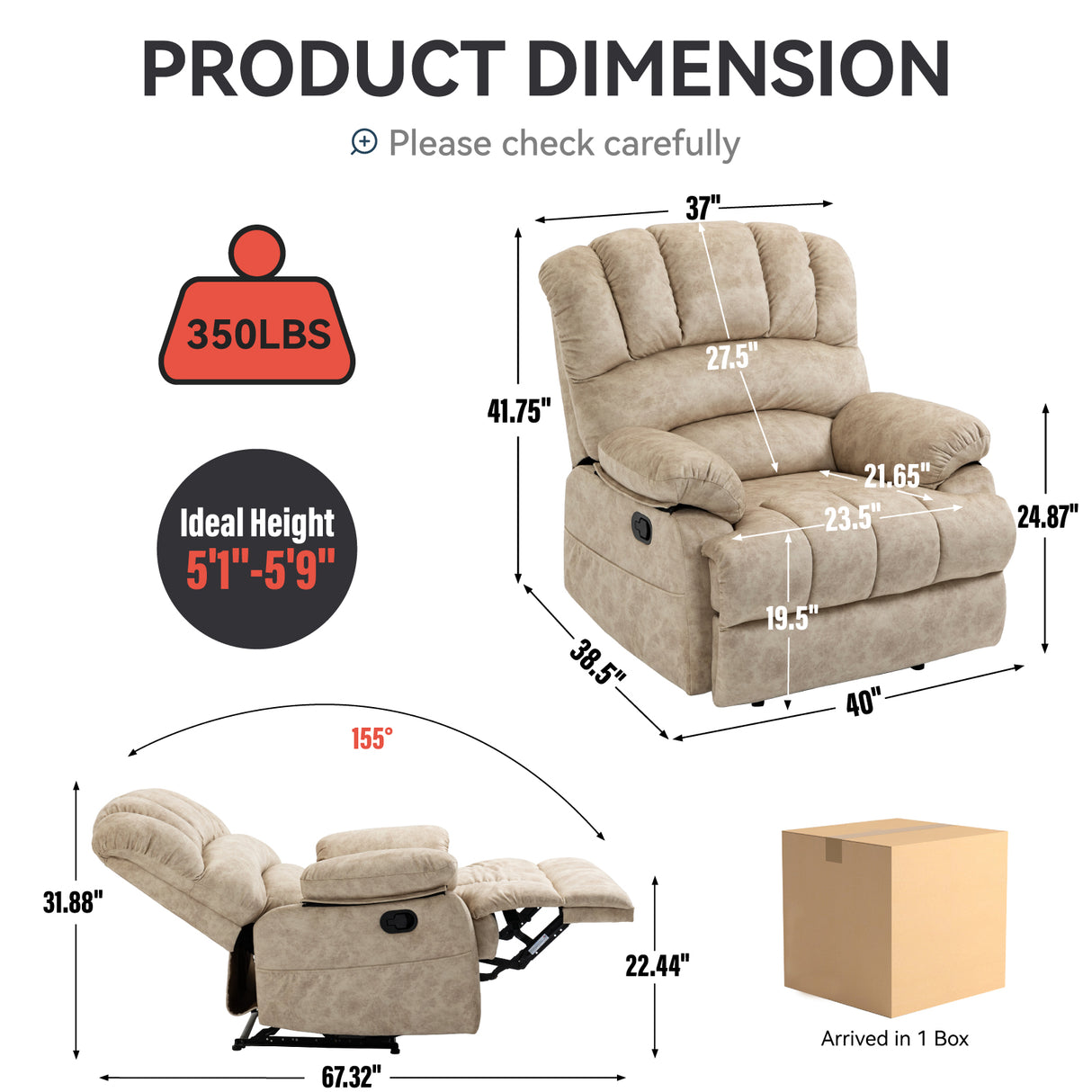 Large Manual Recliner Chair in Fabric for Living Room, Beige - V.I.P Digital Presence